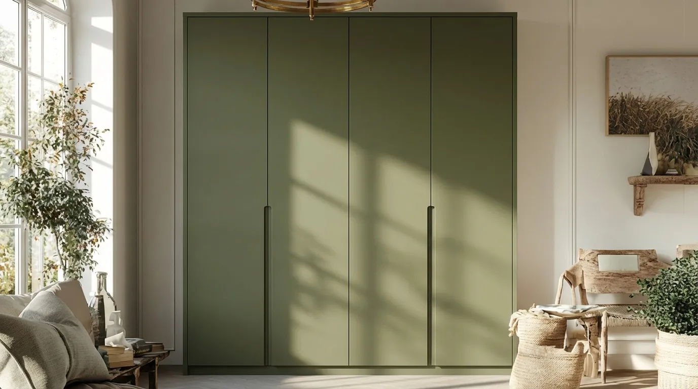 Matte olive green wardrobe with flat panel doors styled in a minimalist setting.