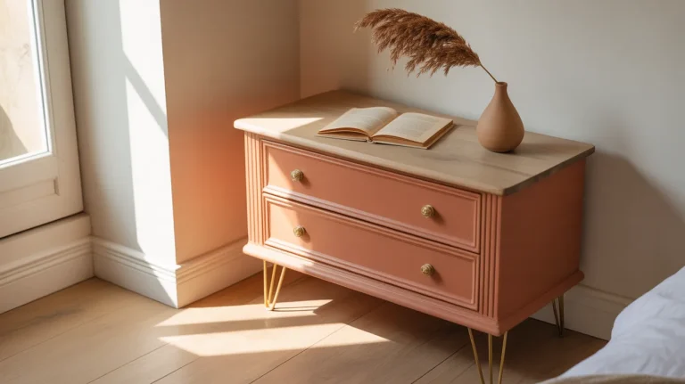 Matte terracotta vintage chest of drawers with gold legs styled in a bright airy bedroom corner.Matte terracotta vintage chest of drawers with gold legs styled in a bright airy bedroom corner.