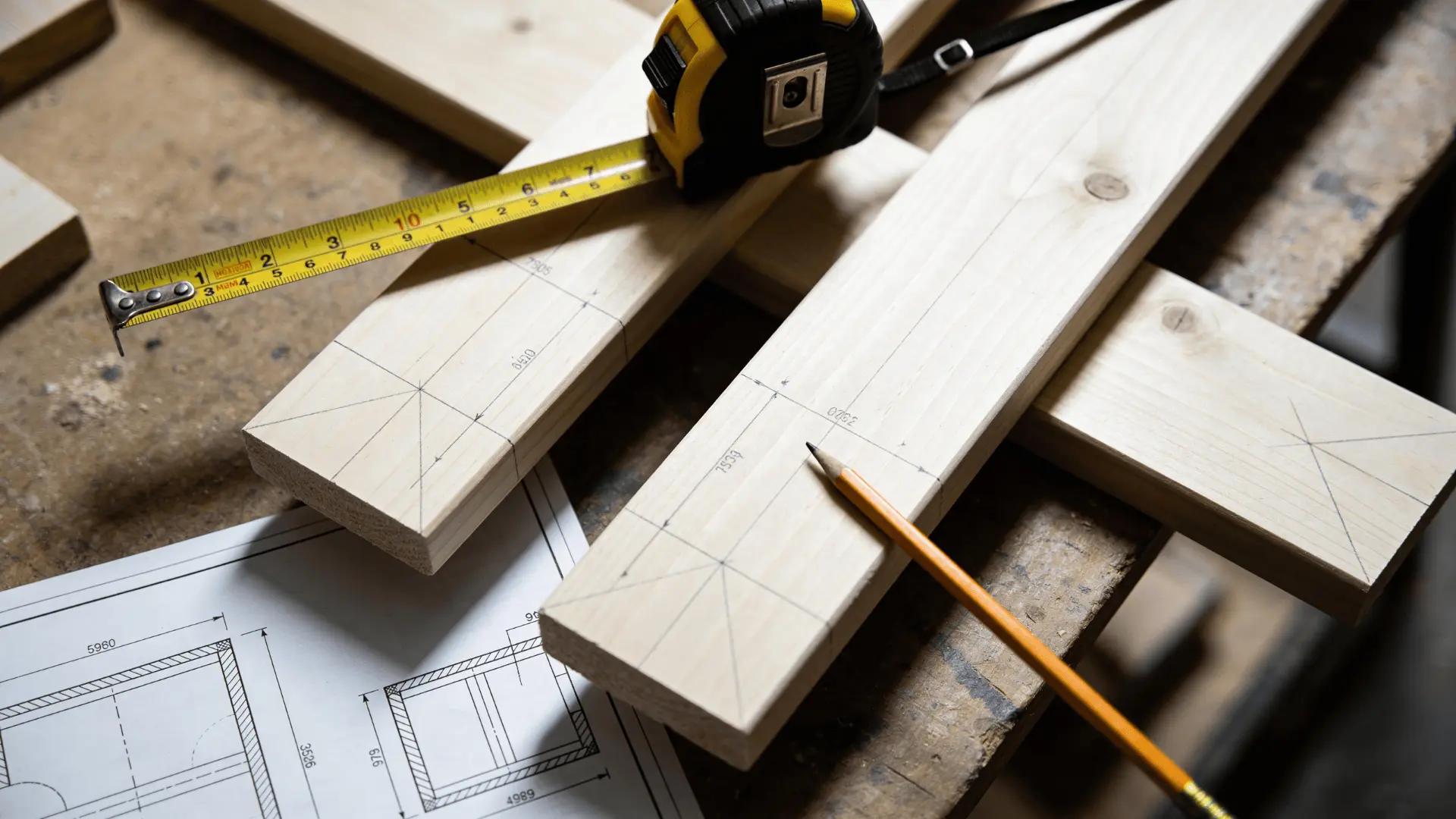 Measuring tape and pencil marking dimensions on wooden boards for an end table