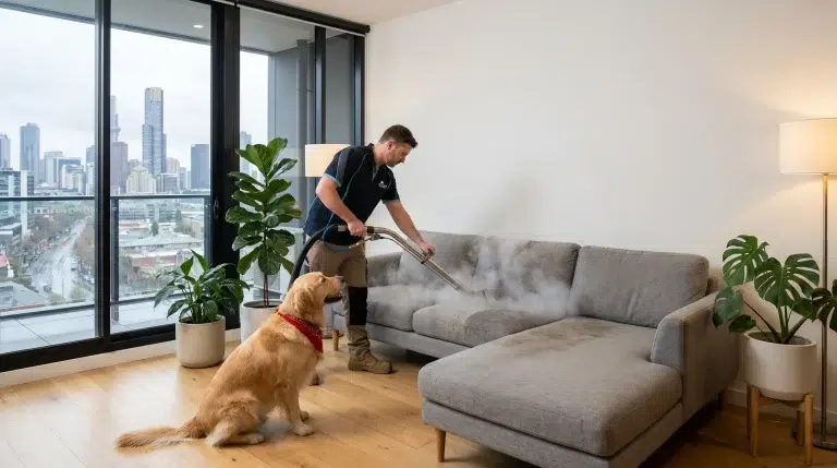 Man steam cleaning a grey sofa in a living room with a dog watching