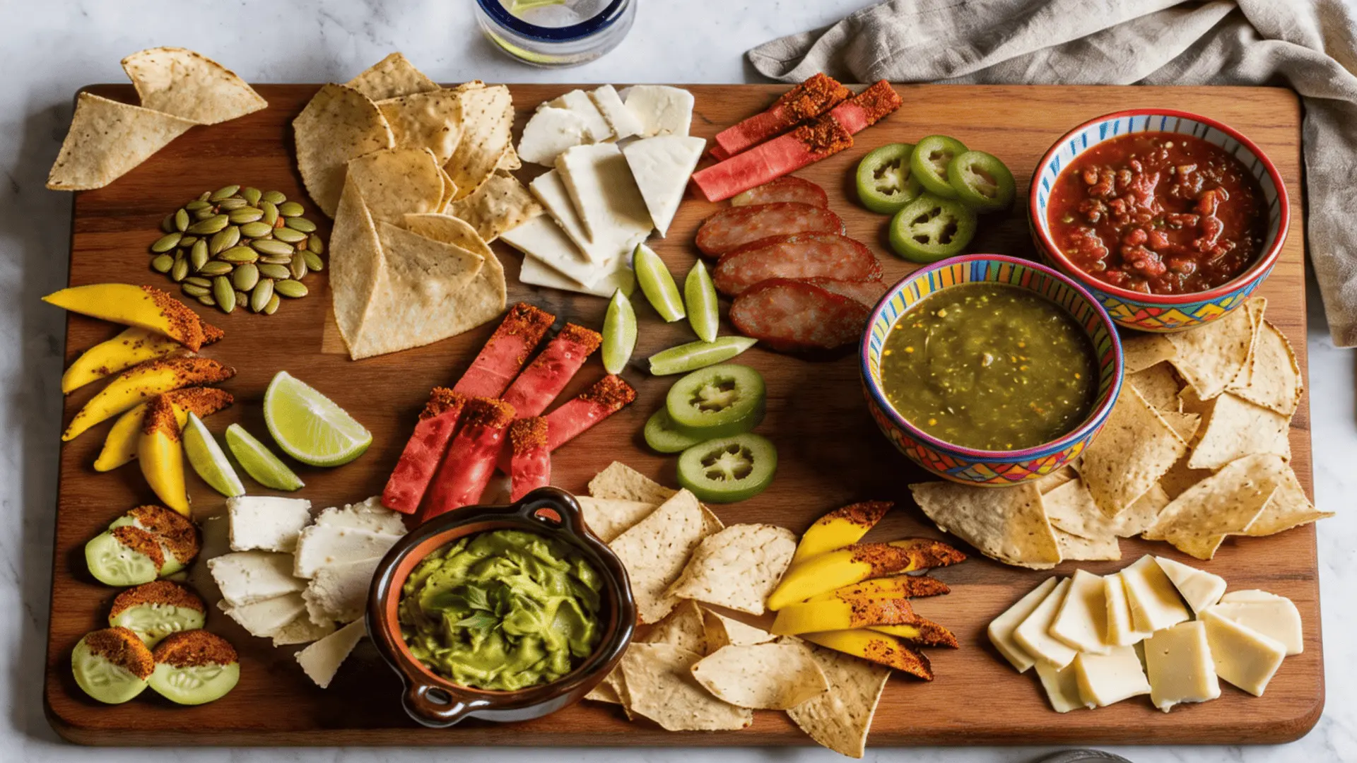 Mexican fusion charcuterie board with tajín-dusted fruits, chorizo, guacamole, salsa, and spiced nuts arranged in a bold and colorful spread.