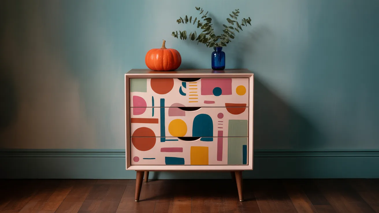 Mid-century cabinet with bold multicolor geometric painted drawer fronts on tapered walnut legs.