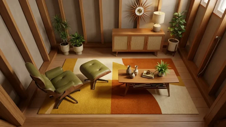 Mid-century modern living room with wooden furniture and warm accents