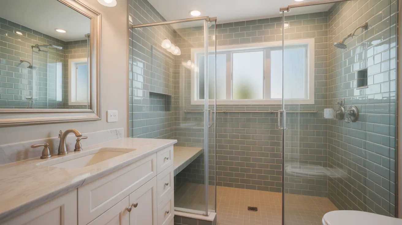 Mid-range full bathroom with tiled shower and white vanity