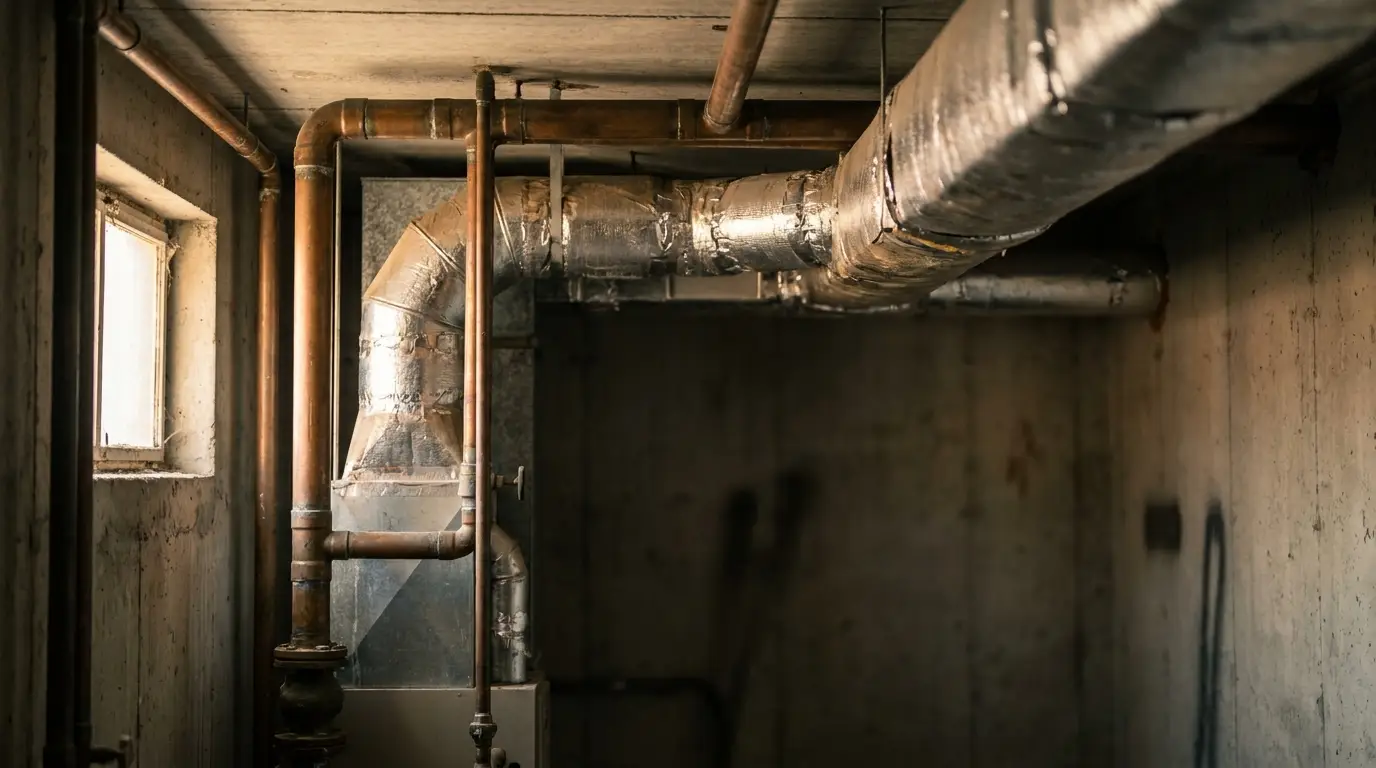 Industrial ductwork and pipes in dimly lit basement with concrete walls