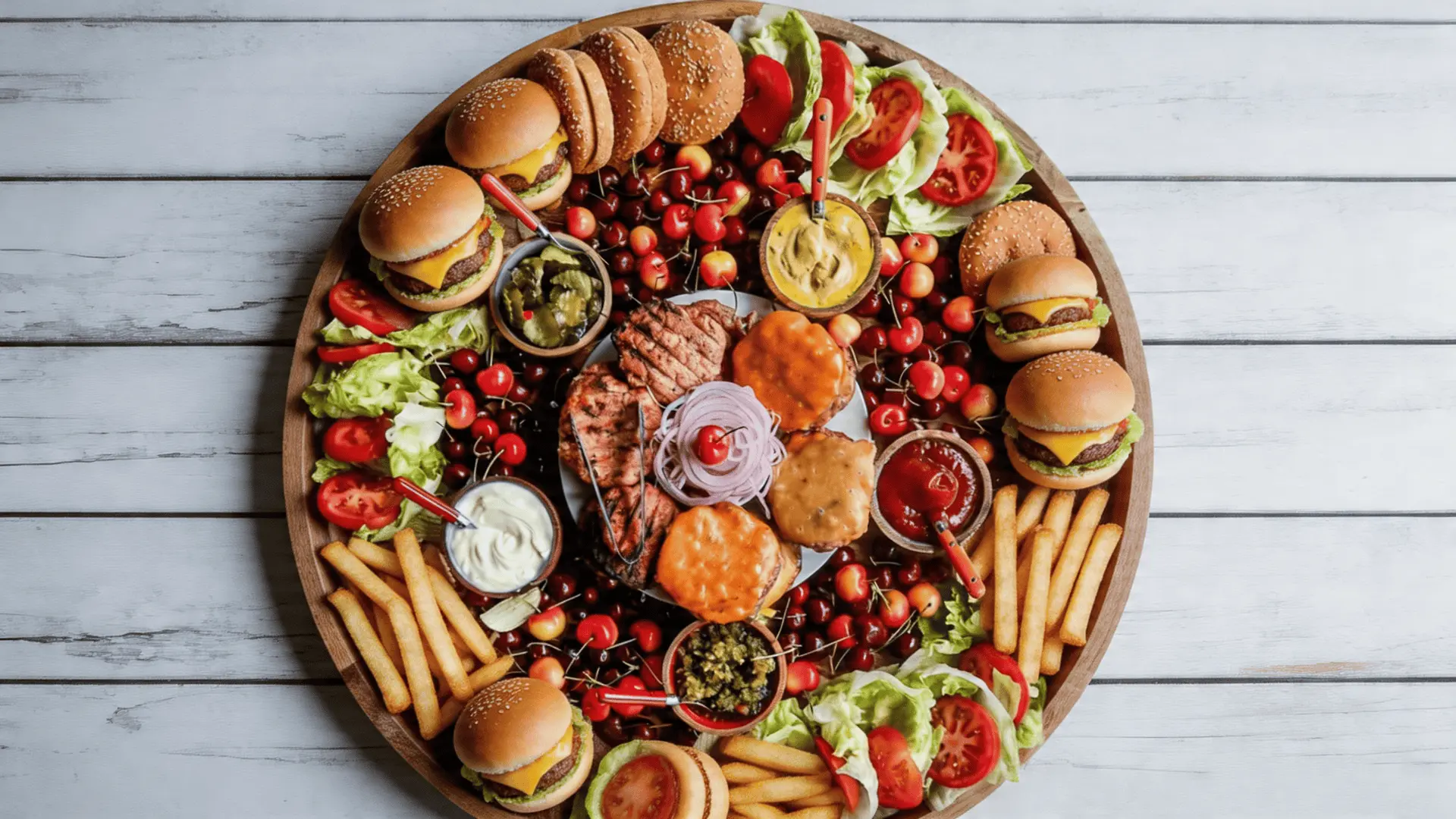 Mini burger slider charcuterie board with fries and toppings arranged for parties
