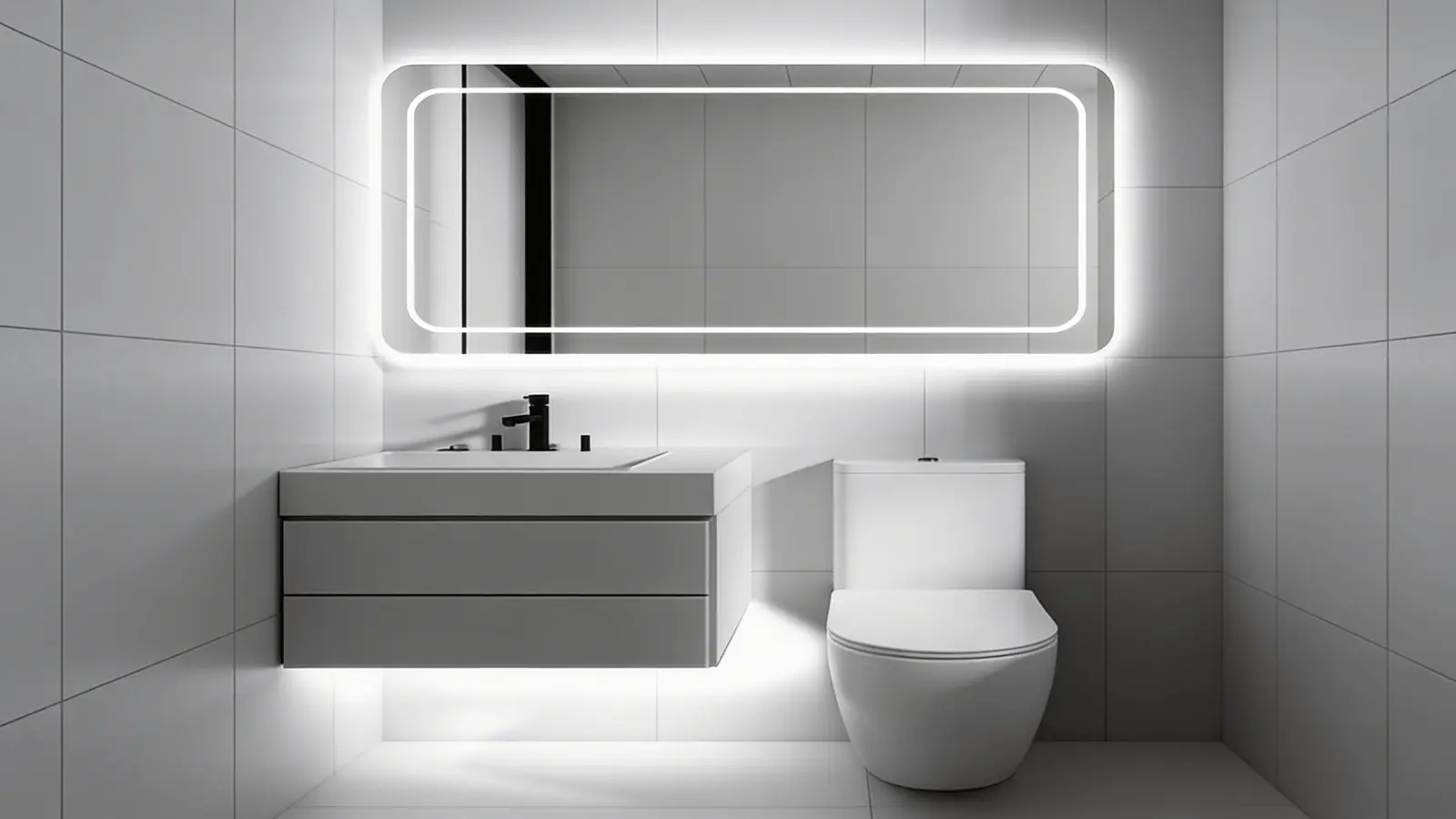 Minimal bathroom with LED mirror and floating vanity lighting