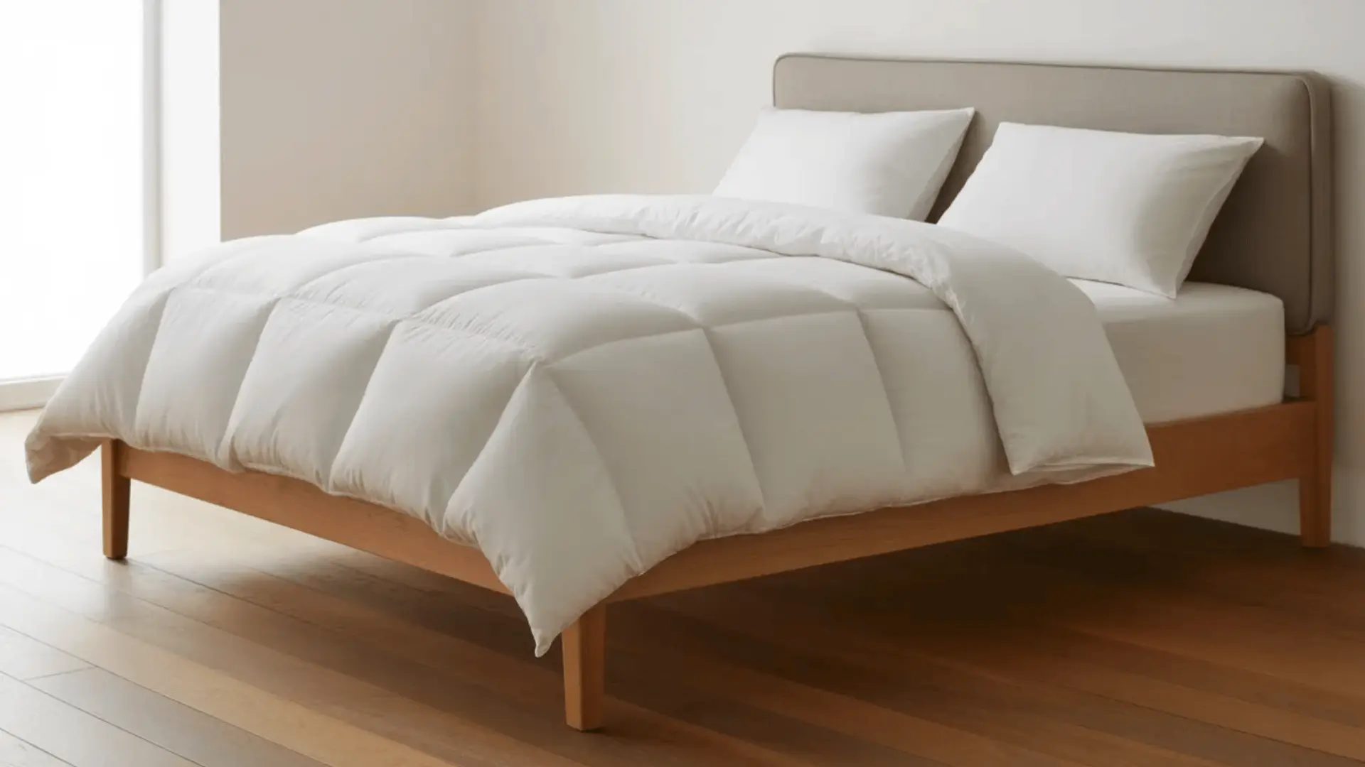 Minimal bedroom with wooden bed, white comforter, and neutral wall tones