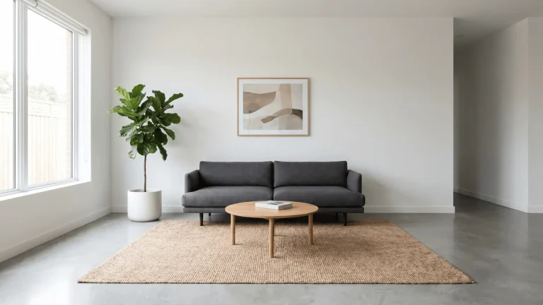 Minimalist living room with sofa, table, rug, plant, and wall art arranged with open space