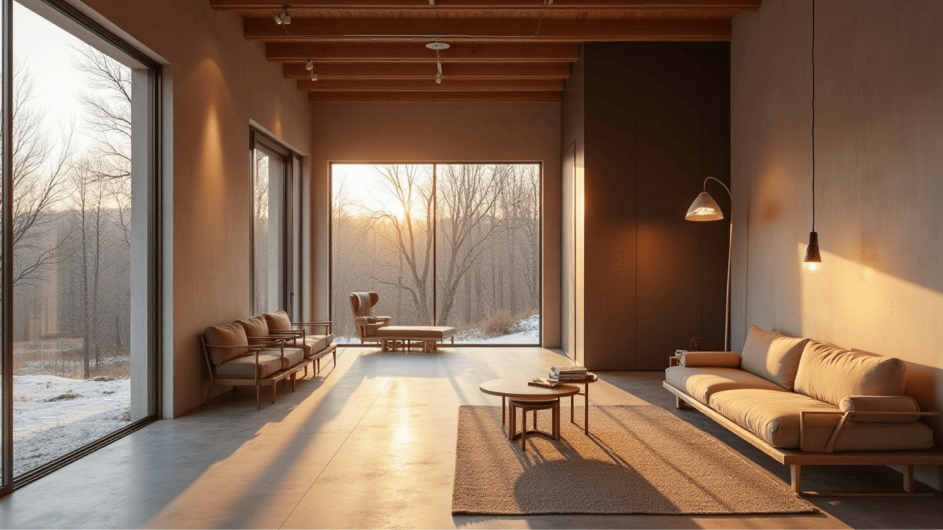 minimalist living room with warm sunlight, large floor-to-ceiling windows, wooden ceiling beams, and forest view