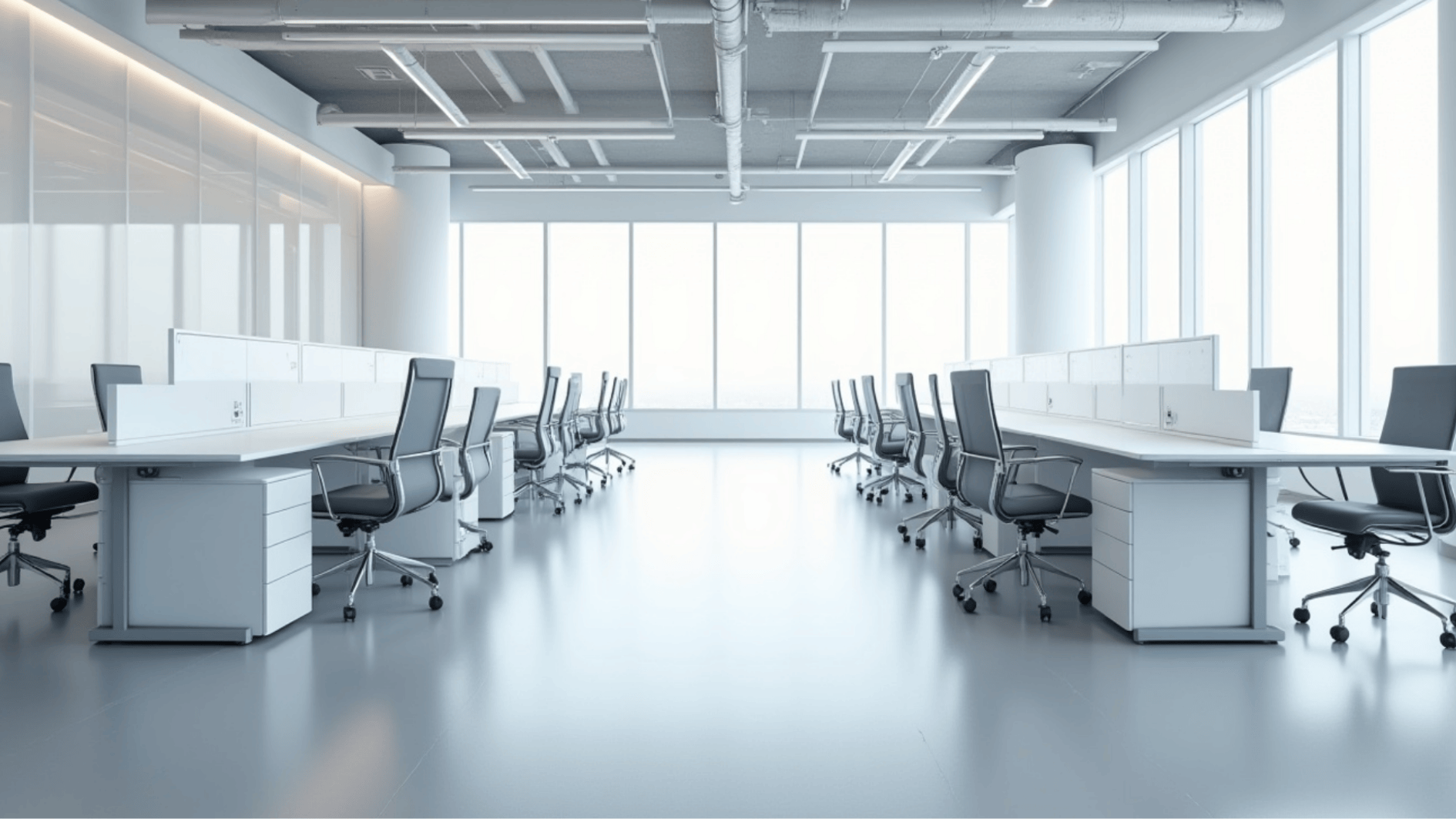 minimalist open-plan office with white desks, ergonomic chairs, bright lighting, and large windows