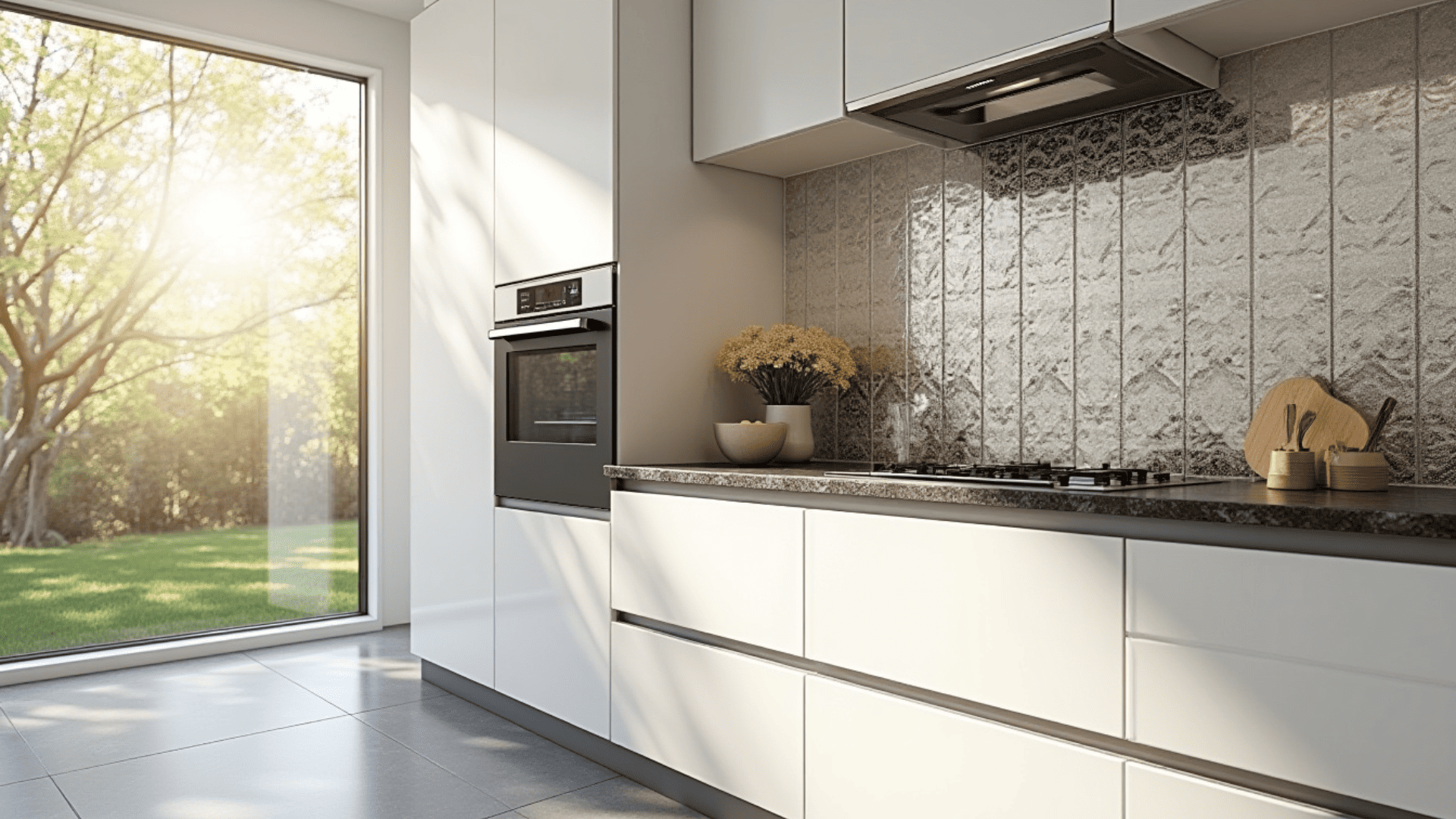 mirrored glass tile backsplash amplifying light and glamour in a luxury kitchen with white cabinets and dark granite
