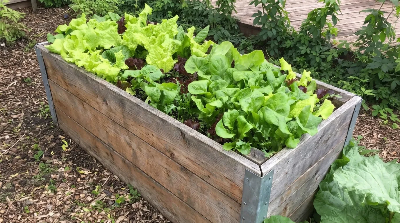 Mixed green and red lettuce varieties thriving in a rustic wooden raised bed container surrounded by garden plants