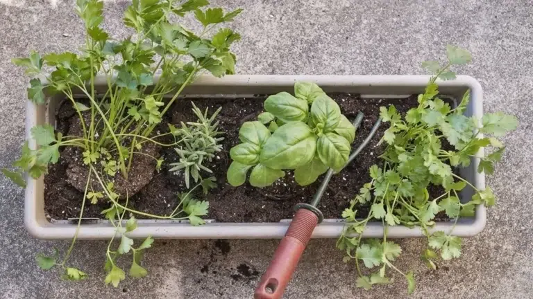 Mixed herbs including parsley, basil, rosemary, and cilantro growing in a rectangular container with a garden rake resting inside