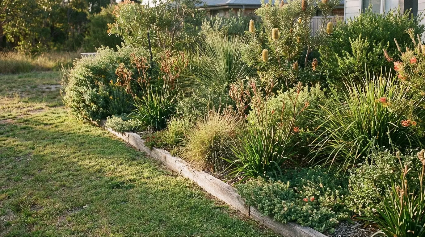 Lush garden bed with diverse native plants under warm sunlight in a residential backyard setting