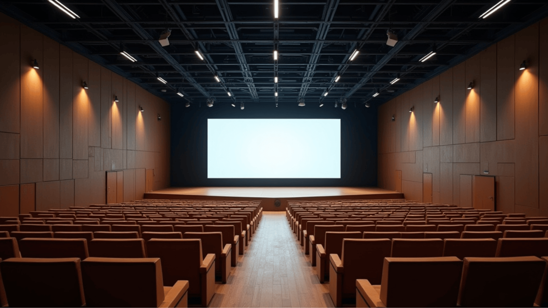 modern auditorium with tiered seating, stage, large projection screen, and ceiling lighting for presentations