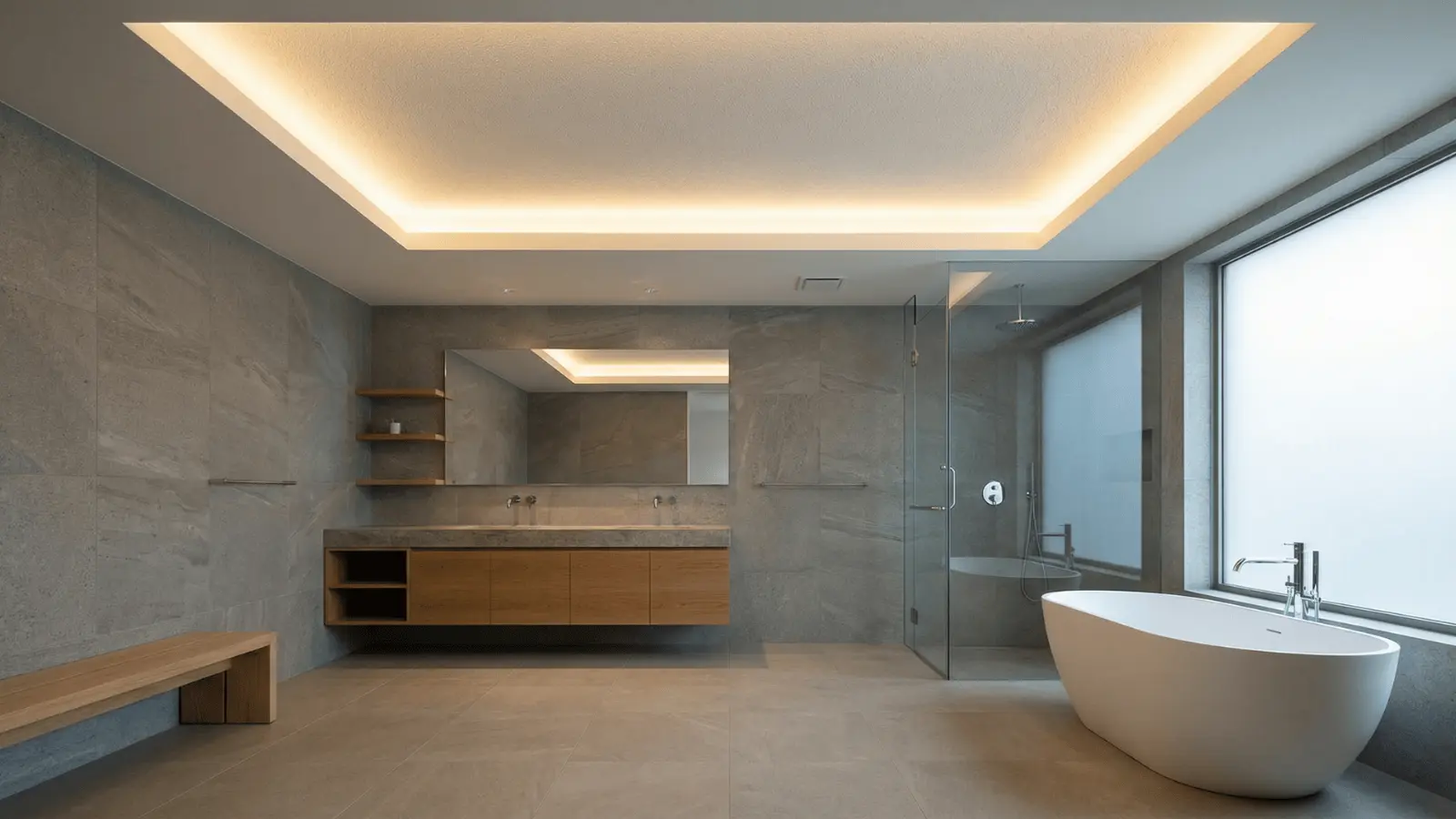 Modern bathroom with concealed cove lighting creating soft indirect glow
