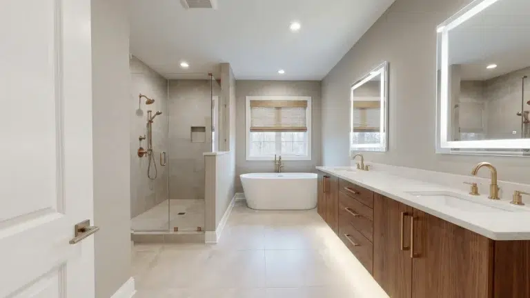 Modern bathroom with painted walls, updated fixtures, and layered lighting