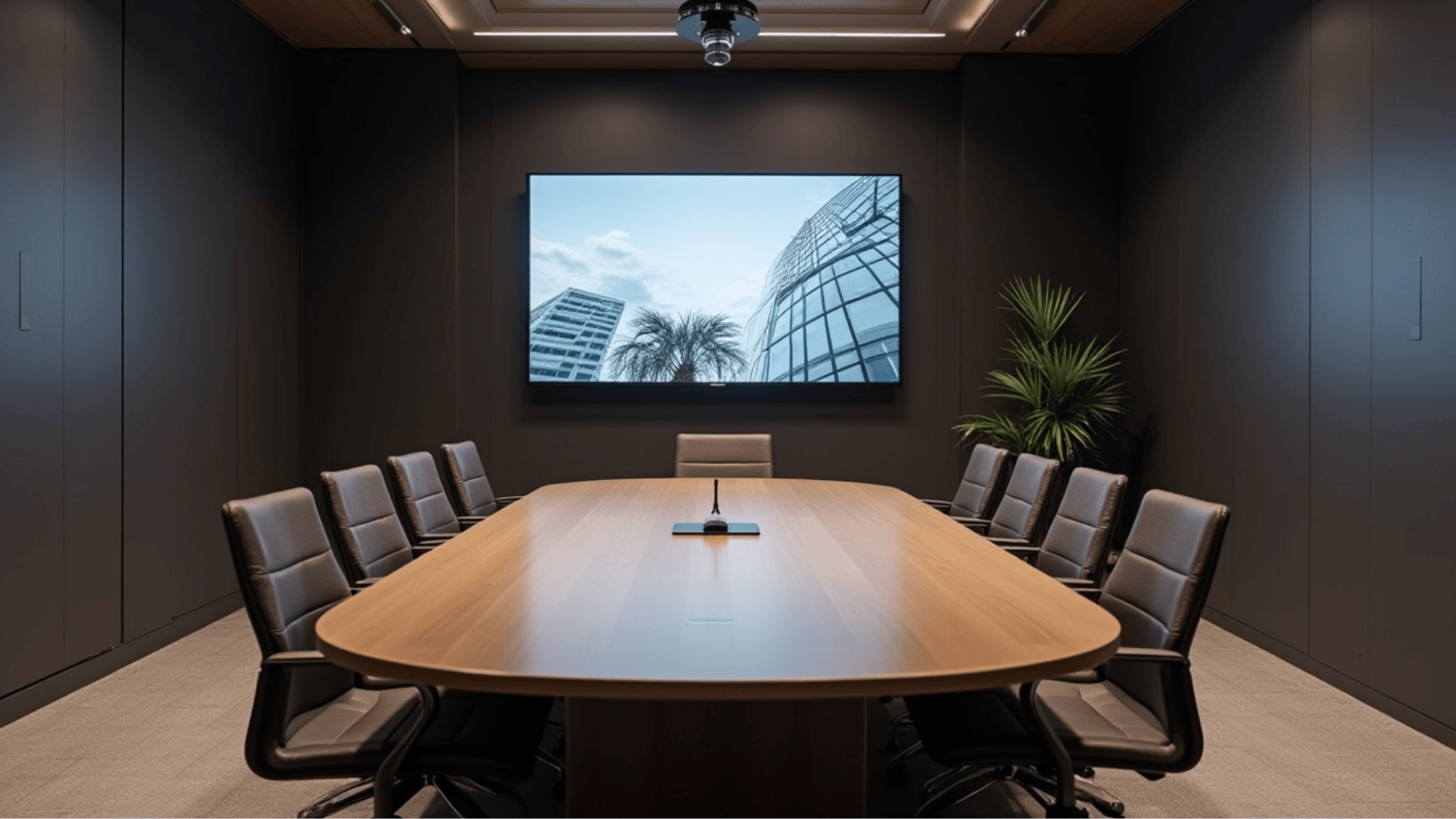 modern boardroom with long conference table, leather chairs, large presentation screen, and ambient lighting