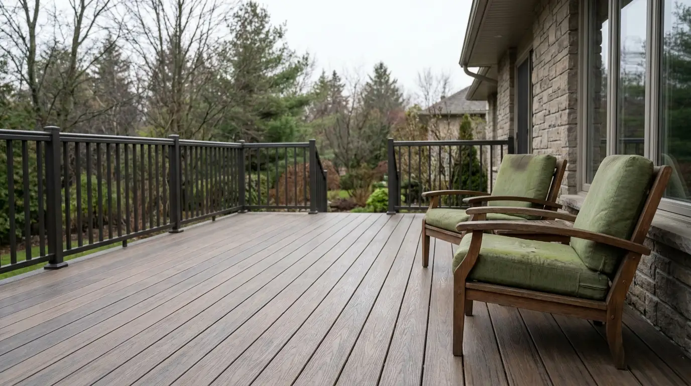 Spacious wooden deck with green cushioned chairs overlooking lush backyard garden