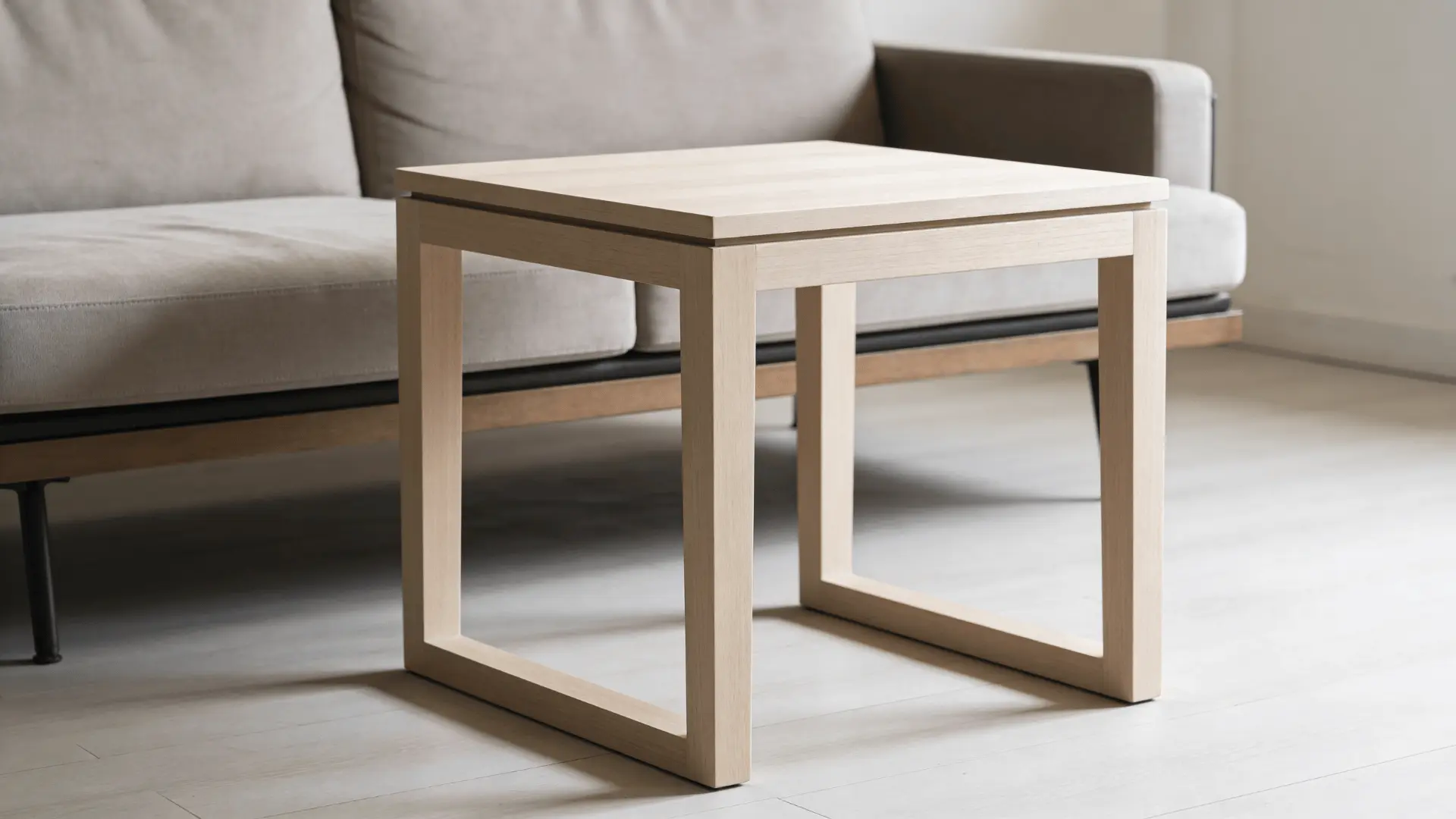 Modern end table with square top and straight legs beside a sofa in a clean living room