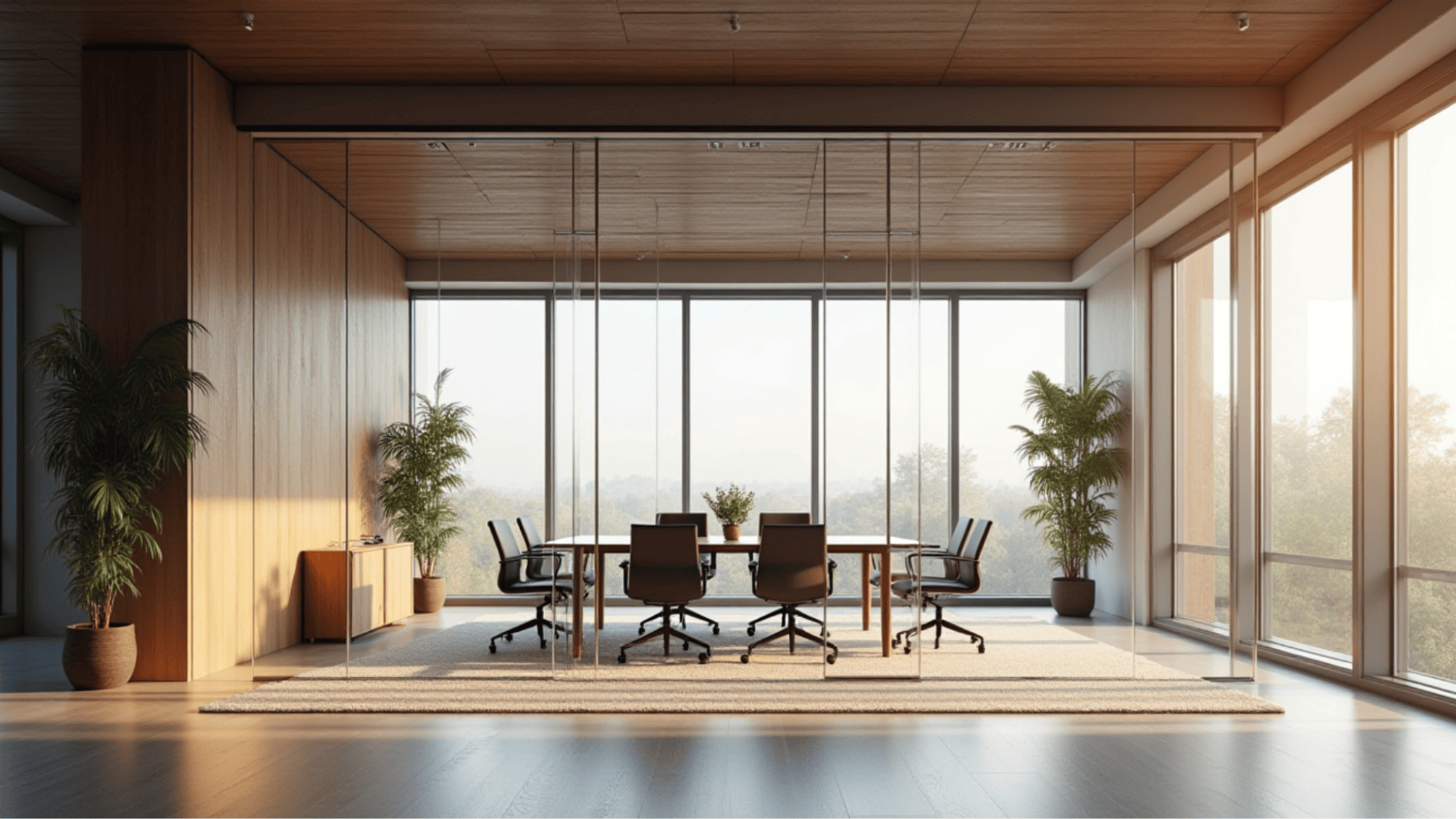 modern glass-walled conference room with wooden ceiling, meeting table, office chairs, and floor-to-ceiling windows
