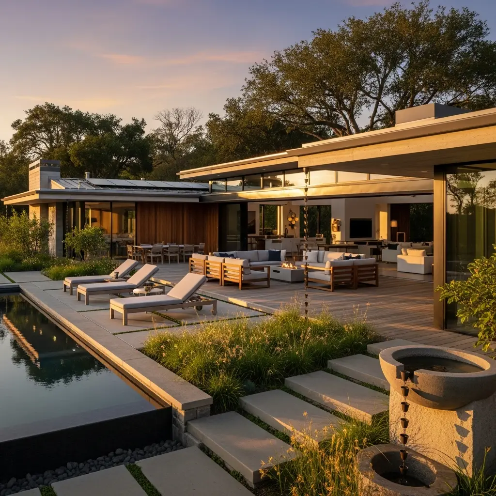 Modern patio with wooden furniture and lounge chairs overlooking a pool at sunset