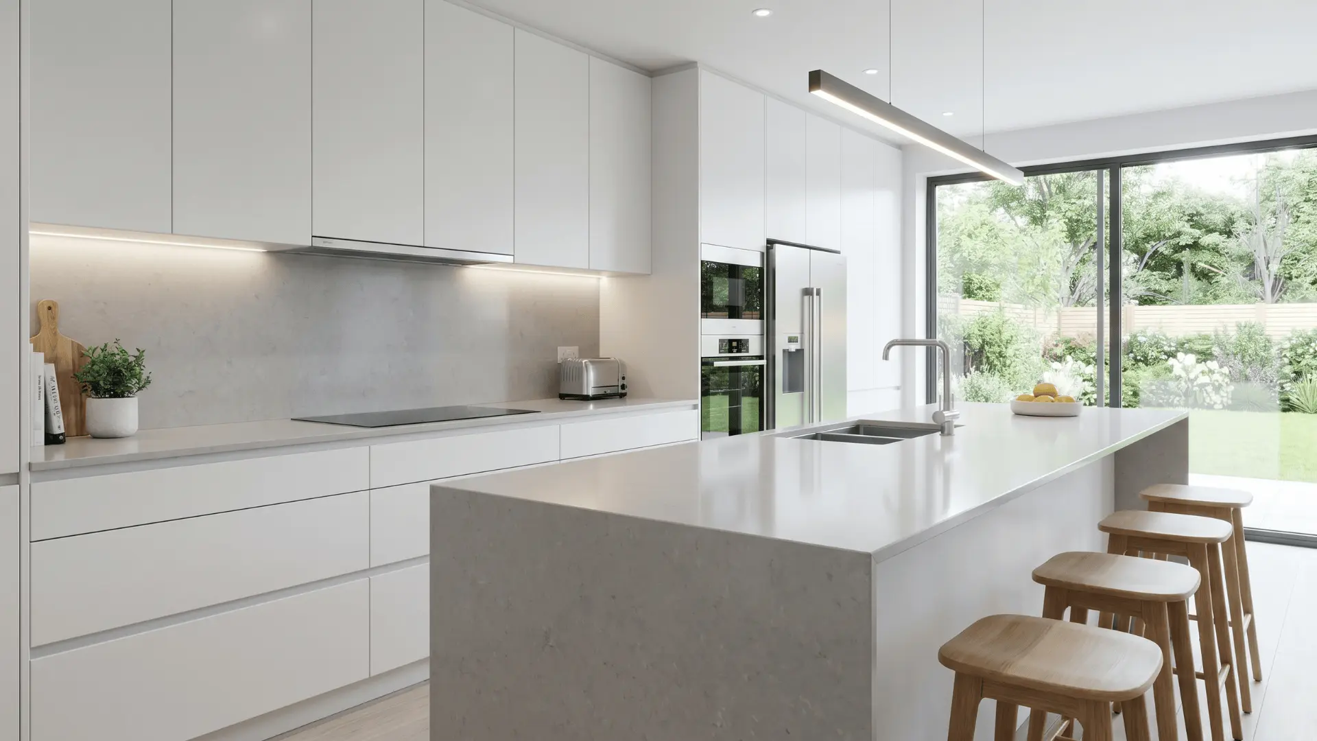 Modern kitchen with a uniform quartz countertop design and clean finish