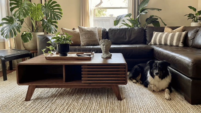 Modern living room with a brown leather sectional, wood coffee table, large houseplants, and a black-and-white dog resting on a cream rug.