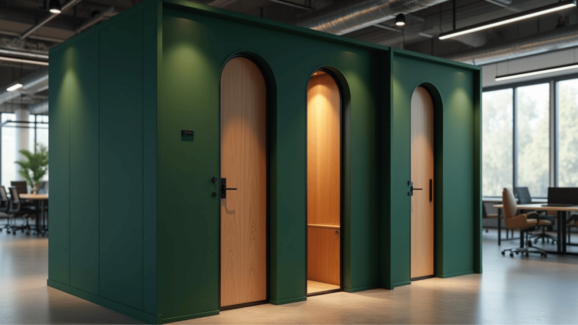 modern office focus pods with arched wooden doors designed for private calls and quiet work in open workspace