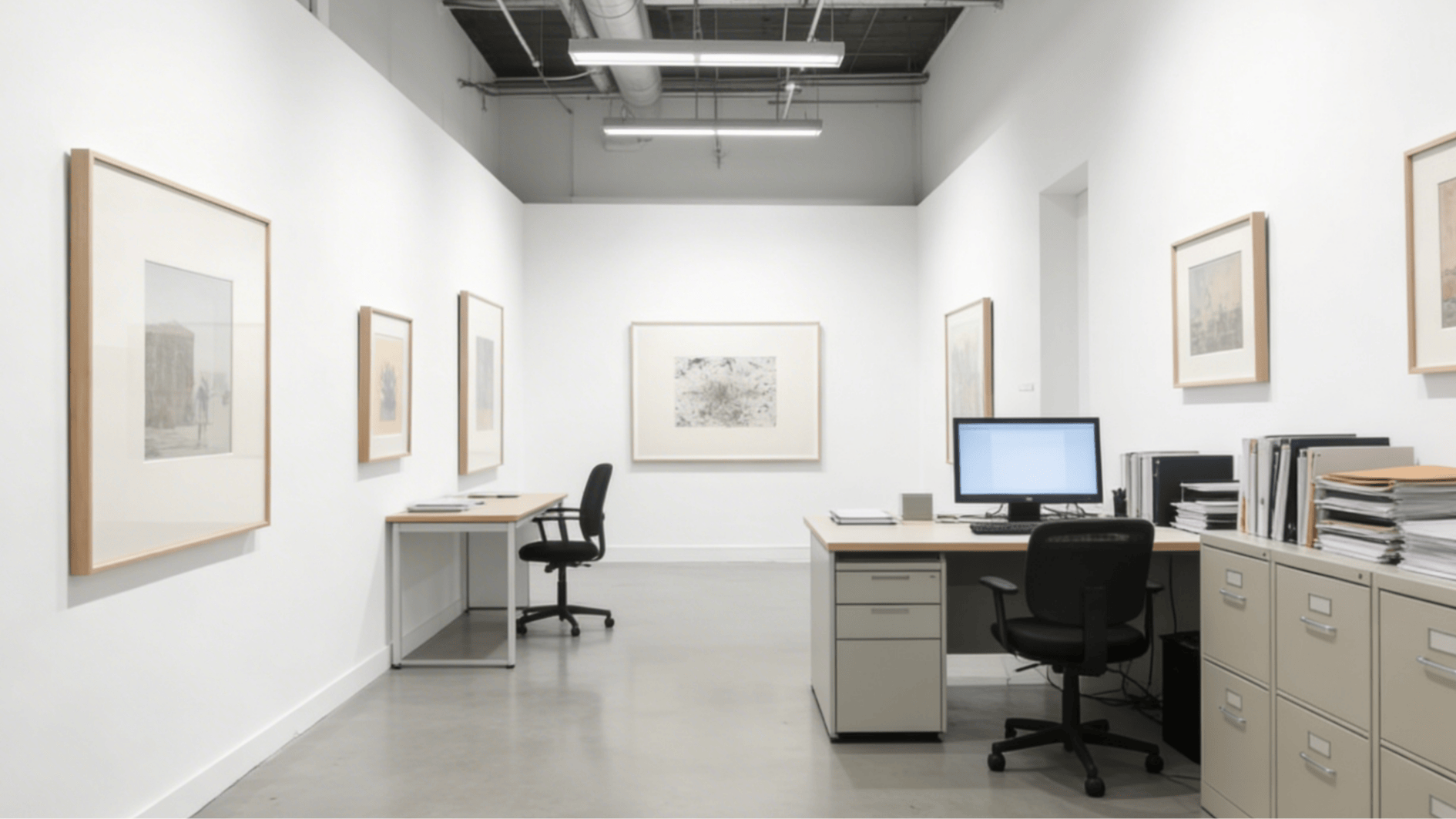 modern office gallery corridor with framed artwork, desks, computer workstations, and minimalist white interior design