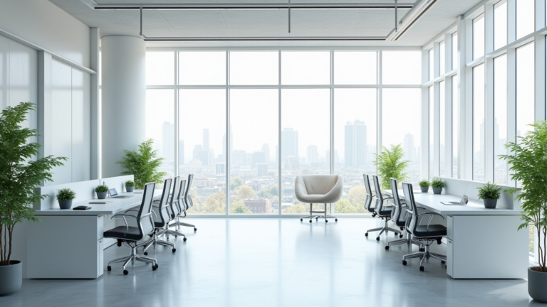 modern office interior showcasing flexible workspace design, natural light, collaborative zones, and contemporary finishes