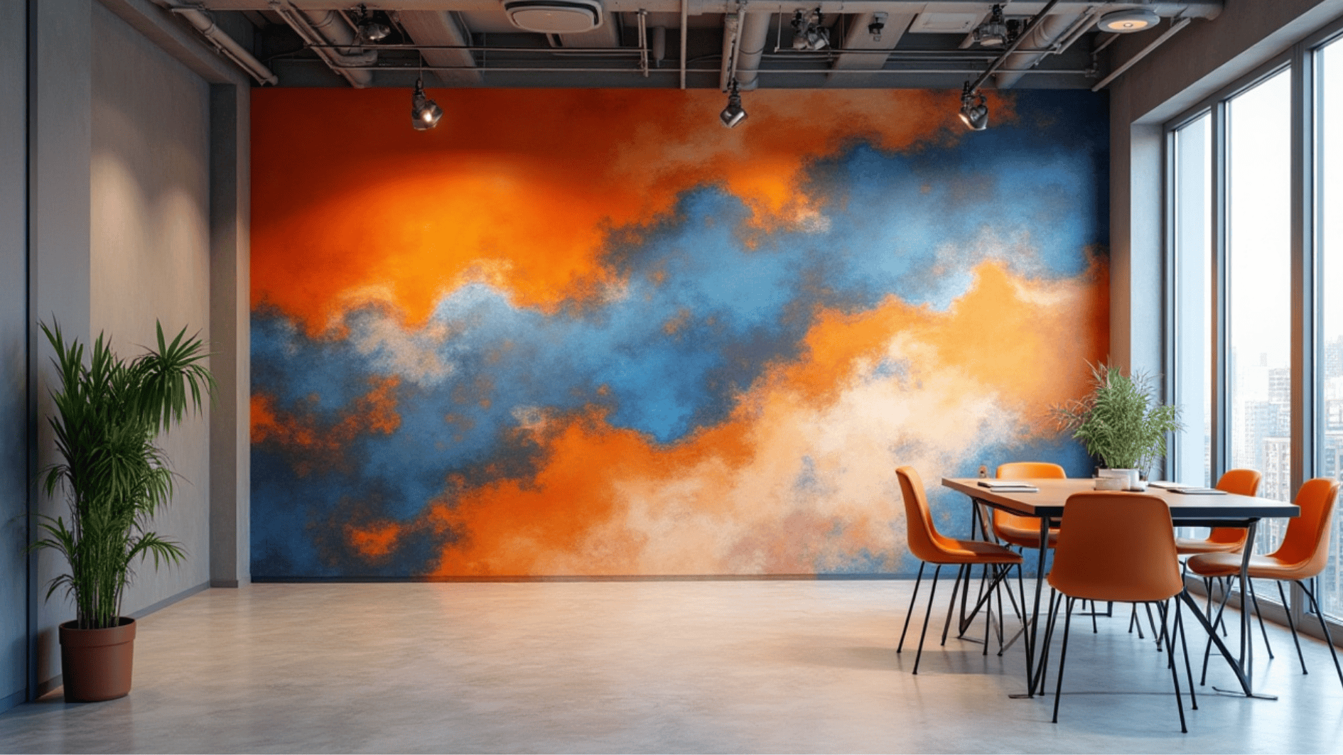 modern office meeting space with vibrant orange and blue mural wall, table seating, plants, and large windows