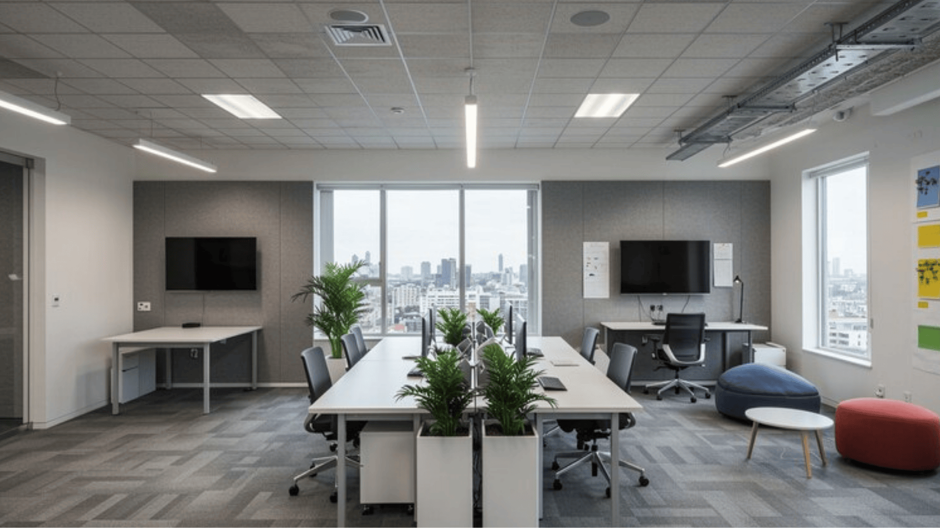 modern office workspace with shared desks, plants, large windows, and collaborative layout designed for productivity and teamwork