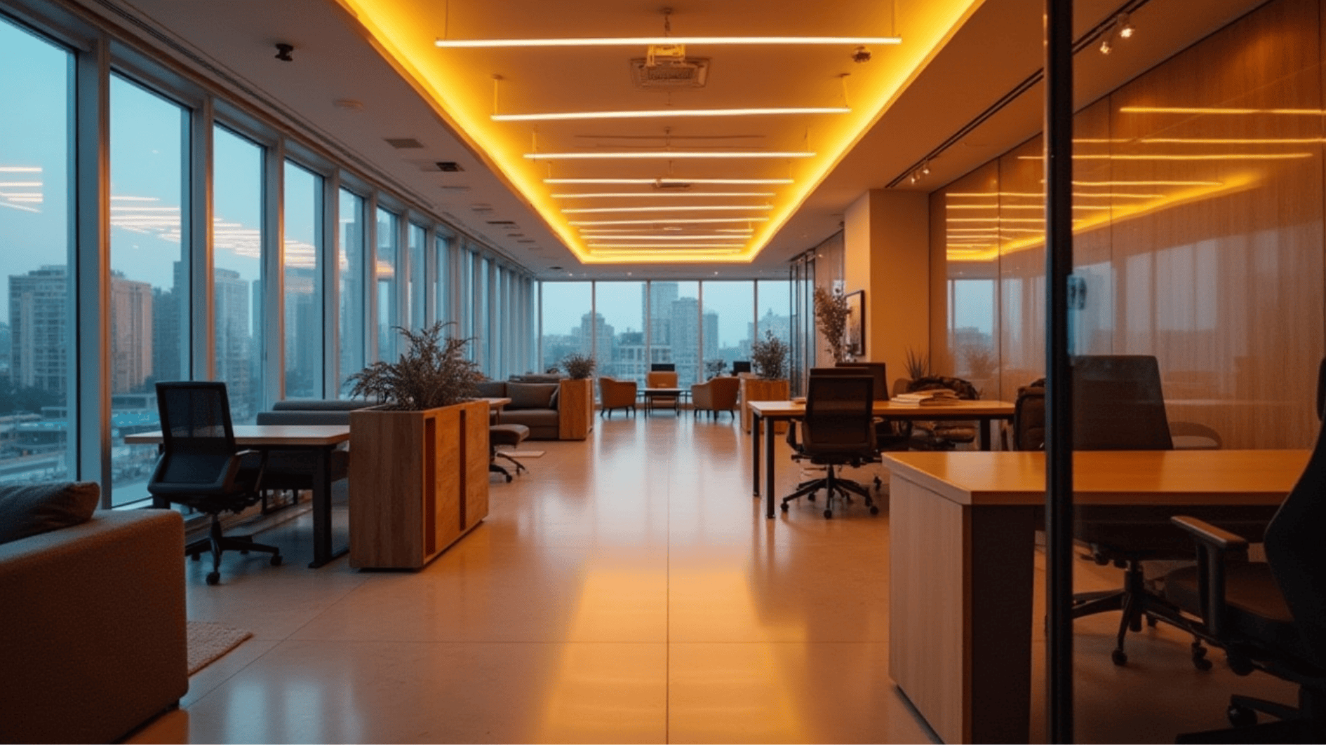 modern open office workspace with warm ceiling LED lighting, desks, lounge seating, and large windows overlooking a city skyline