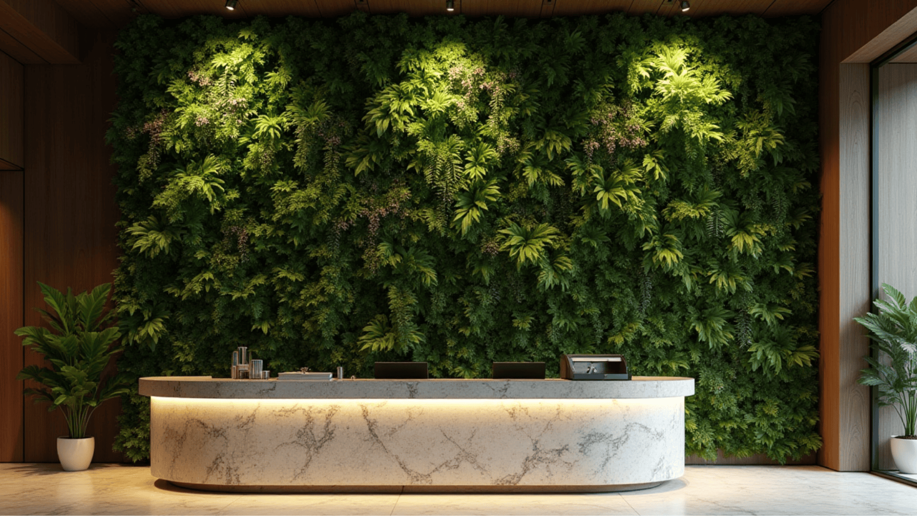 modern reception desk with marble counter and large living plant wall creating a biophilic office design feature