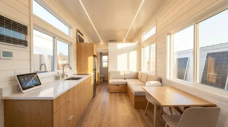 Modern Tesla tiny house interior with open layout, large windows, and smart home features.