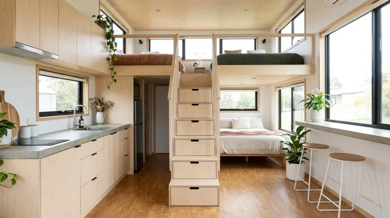 Modern tiny house interior with kitchen staircase and sleeping loft
