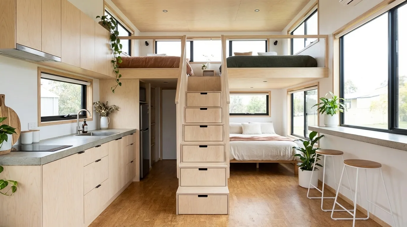 Modern tiny house interior with kitchen staircase and sleeping loft