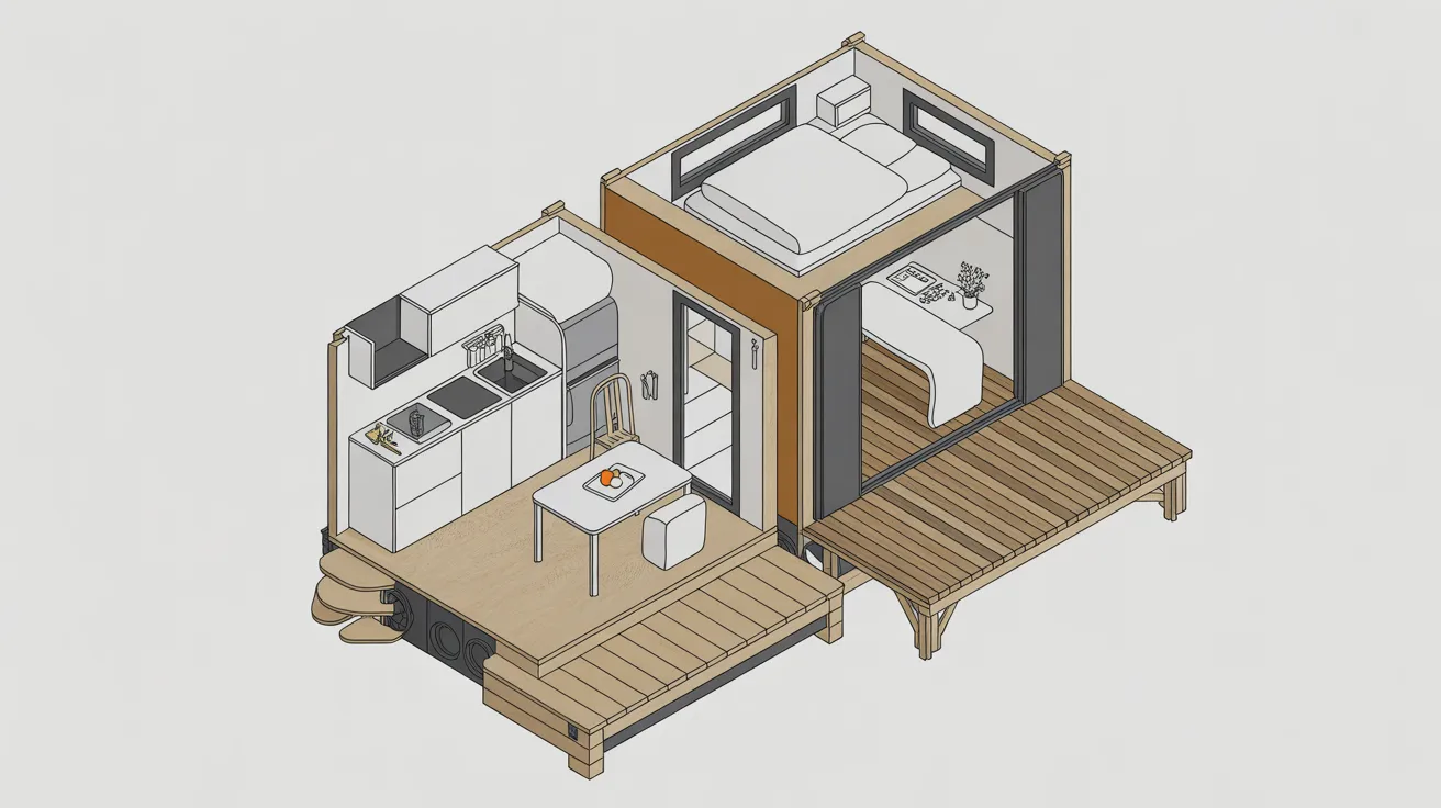 Modular tiny house with expandable second bedroom module and living area