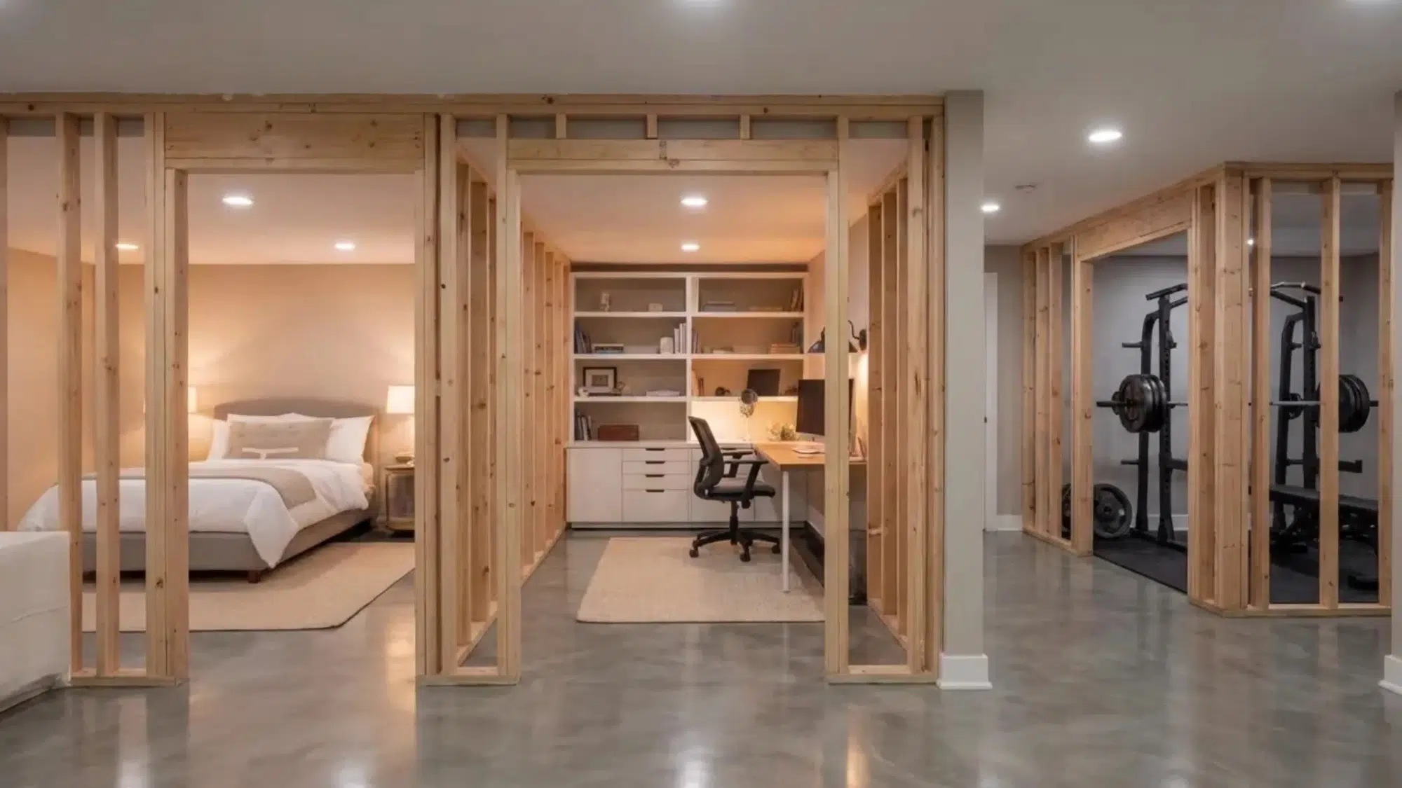 Multi-room basement layout with enclosed spaces for bedroom, gym, and office
