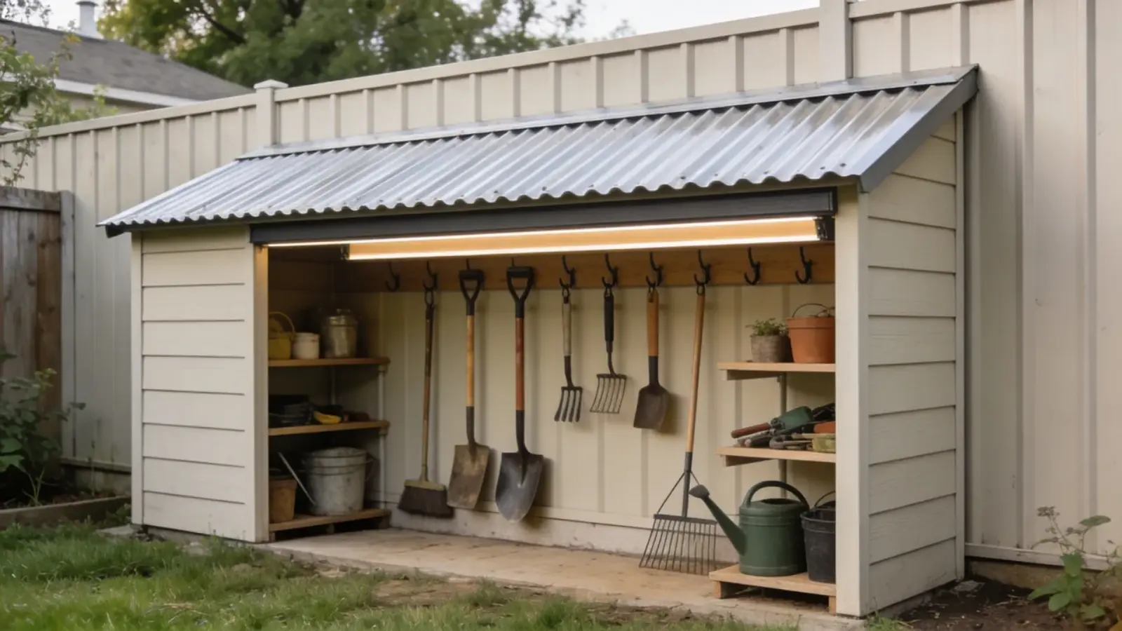 Narrow lean-to roof shelter attached to fence with tools stored on hooks and shelves