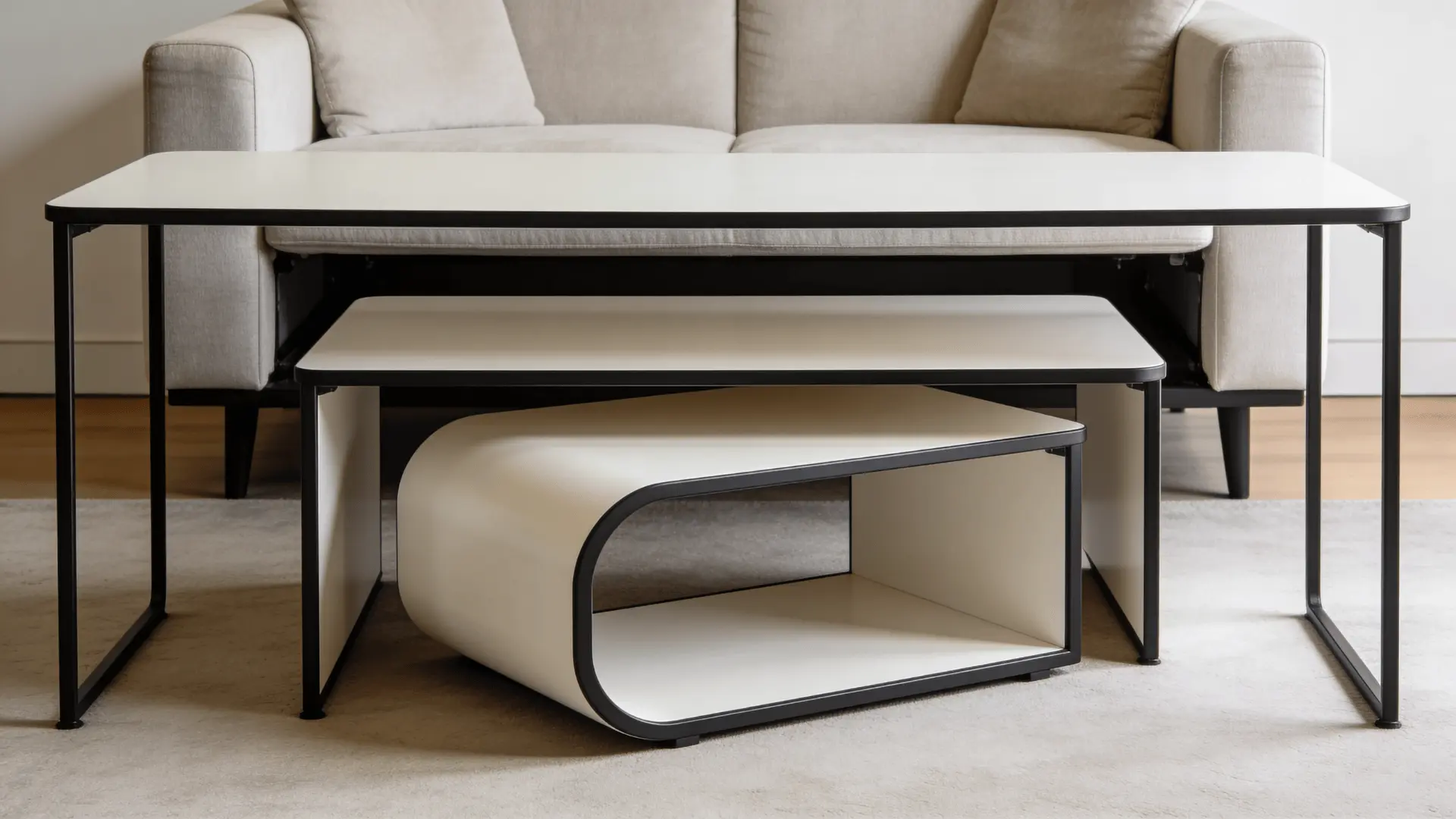 Narrow, nesting, and C-shaped end tables arranged in a small living room with one table under a sofa