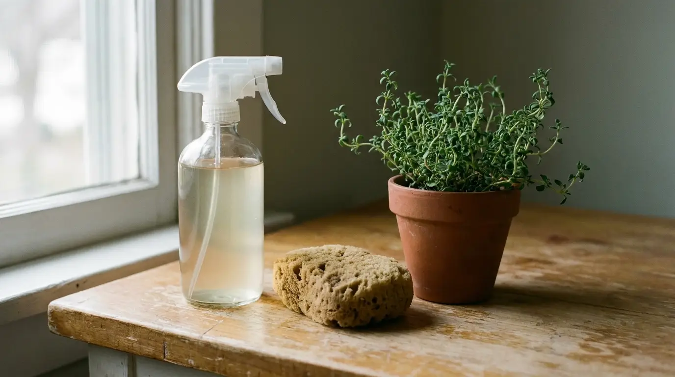 Spray bottle, sponge, and potted plant on wooden table near window