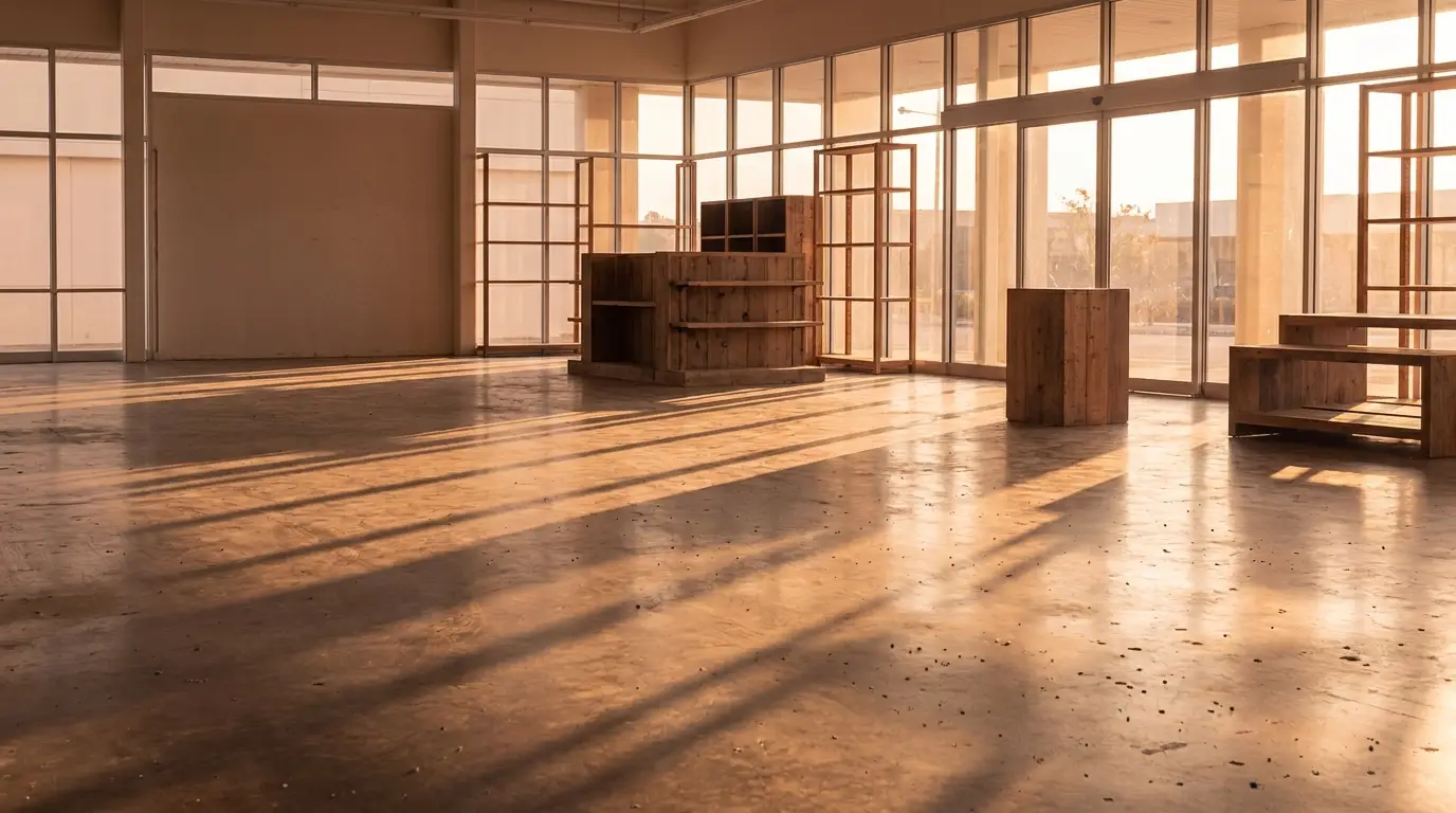 Empty sunlit room with wooden shelves and tables, large windows casting long shadows