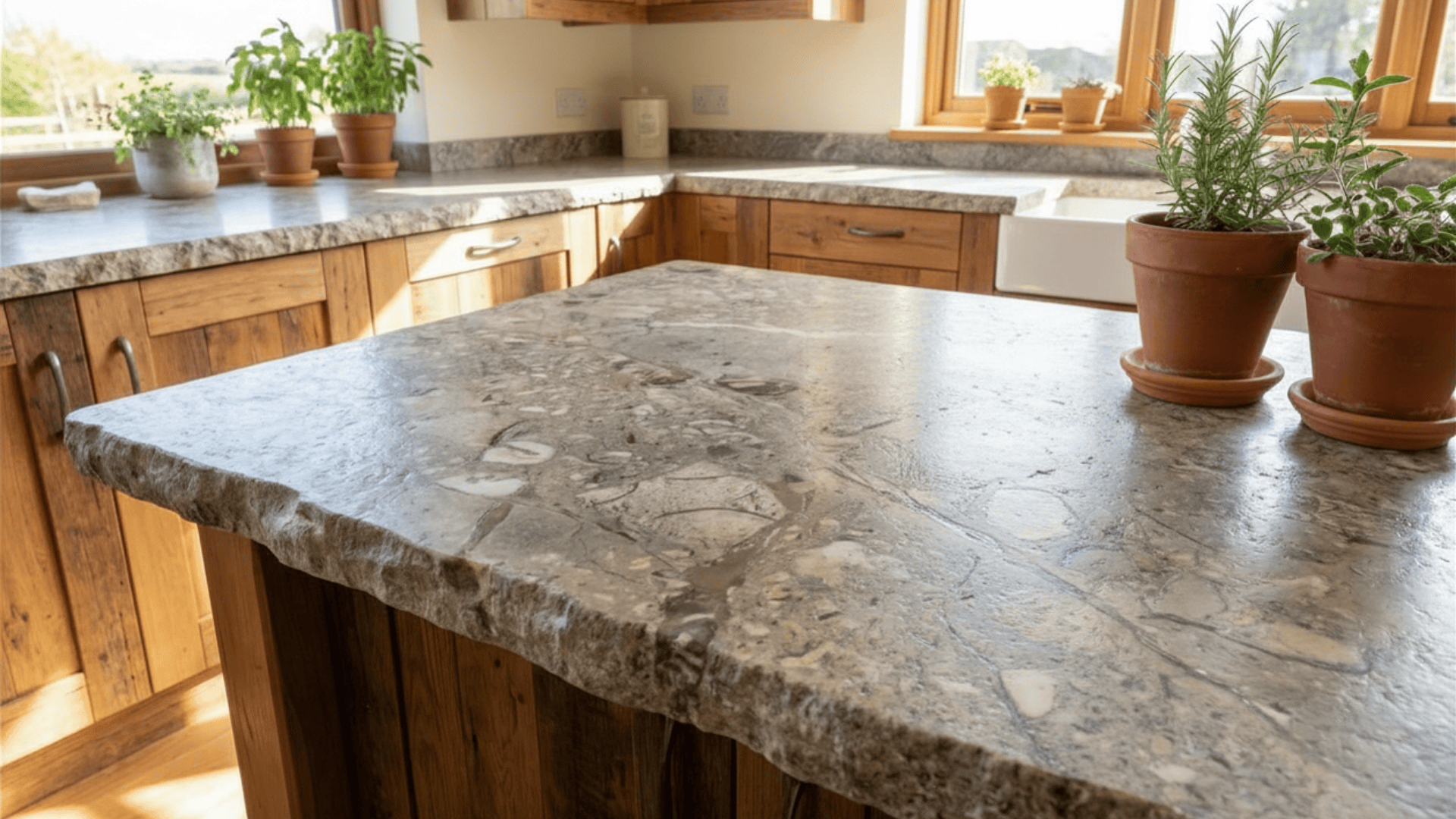 Natural stone countertop surface highlighting eco-friendly material sourcing and environmental impact.