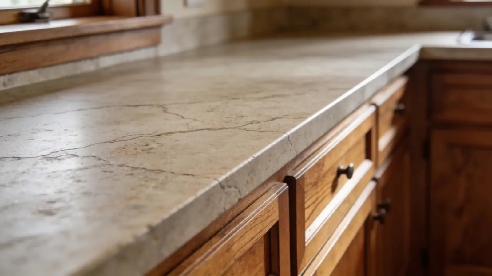 Natural stone countertop with matte finish next to wood cabinets