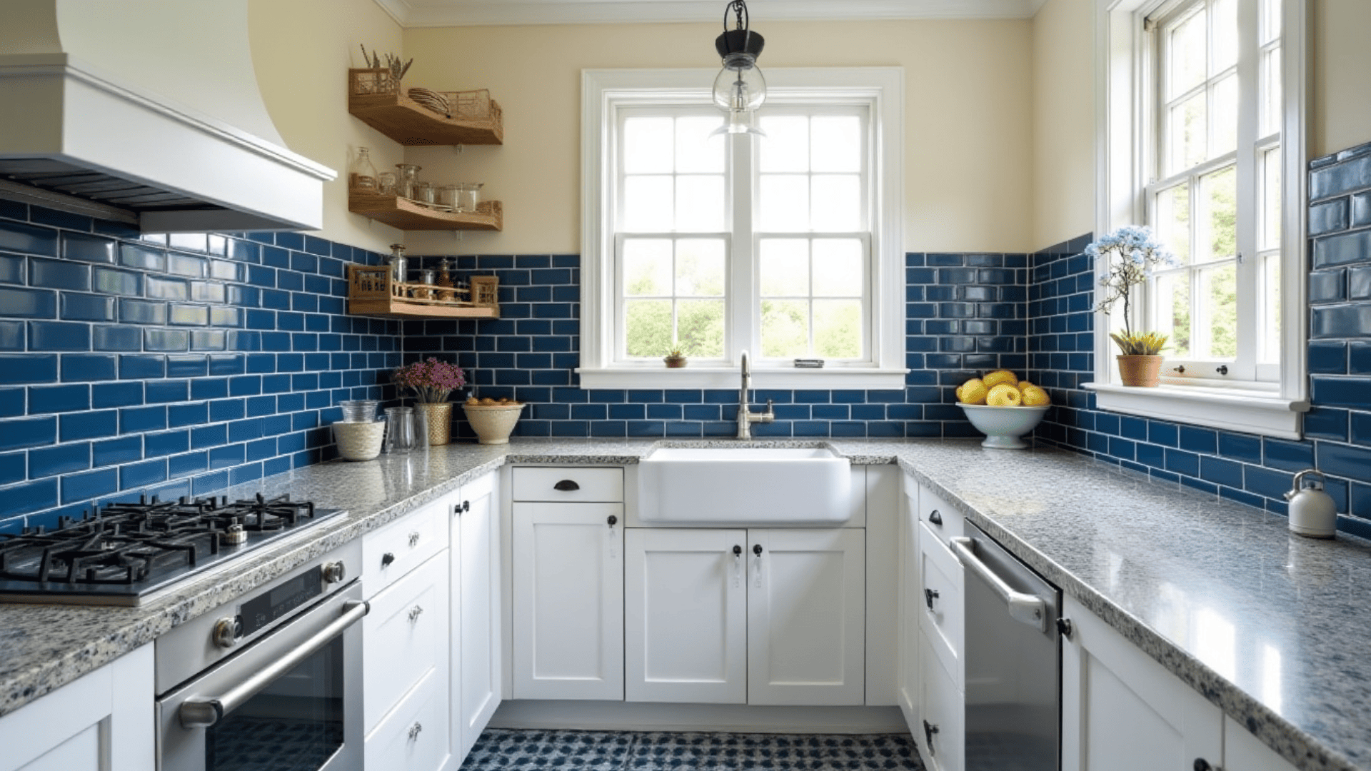 navy blue ceramic tile backsplash with white grout in a coastal kitchen with white shaker cabinets and granite