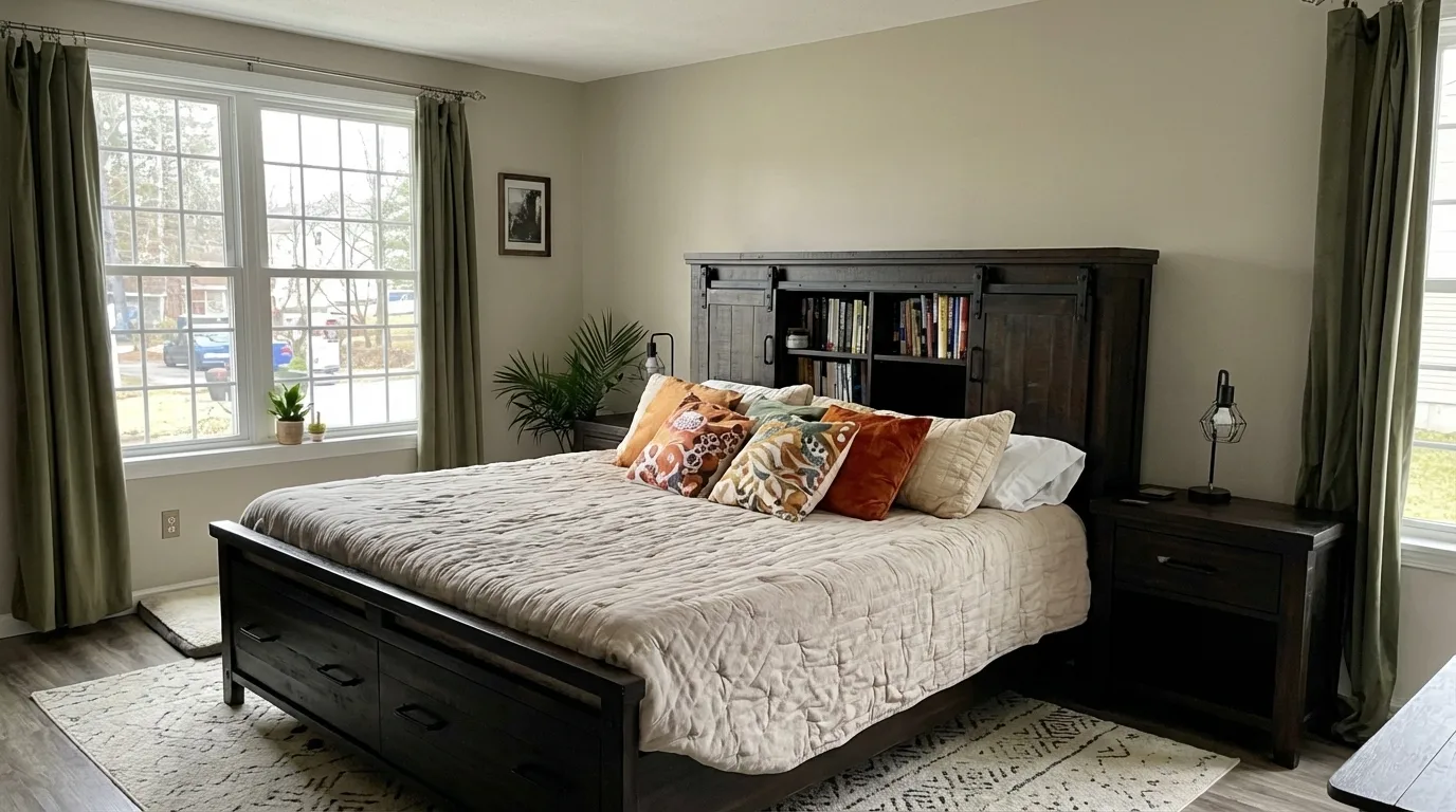 Neutral Ground Sherwin-Williams in a bedroom with dark wood furniture, earth tone pillows, and natural light