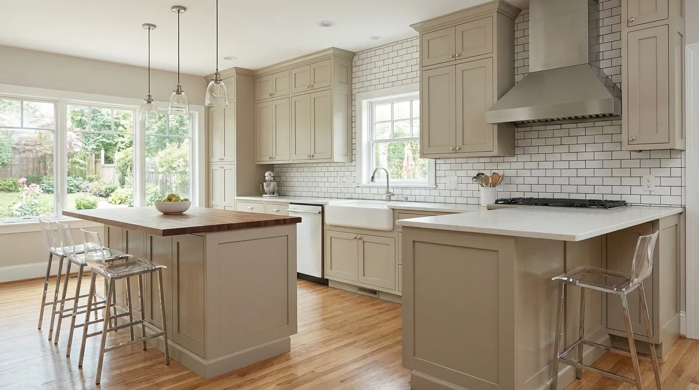 Neutral Ground Sherwin Williams in a classic kitchen with cream cabinets, subway tile, and warm wood floors